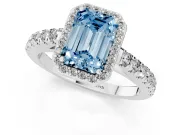 Fancy Blue Emerald Cut Diamond Halo Engagement Ring Set in White gold with Pavé Band and Prong Setting