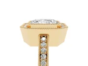 Radiant Cut Diamond Halo Engagement Ring Set in Yellow gold with Pavé Band and Round Halo Stones