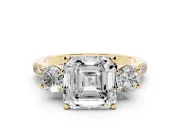 Three-Stone Asscher Cut Diamond Pavé Band Ring Set in Yellow gold with Prong-Set Trio