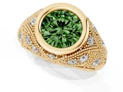 Fancy Green Round Cut Diamond Bezel Ring Set in Yellow gold with Milgrain Accent Band