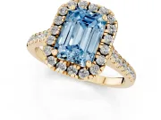 Emerald Cut Halo Engagement Ring Setting for a Fancy Blue Lab-Grown Diamond | Tapered Band | Yellow Gold