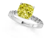 Fancy Yellow Cushion Cut Diamond Pavé Band Solitaire Set in White gold with Prong Setting