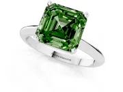 Fancy Green Asscher Cut Diamond Solitaire Ring Set in Platinum with Prong Setting on a Plain Round Band