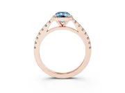 Fancy Blue Emerald Cut Diamond Halo Engagement Ring Set in Rose gold with Pavé Band and Prong Setting