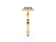 Fancy Pink Emerald Cut Diamond Halo Solitaire Ring Set in Yellow gold with Pavé Band and Prong Setting