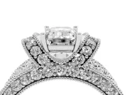 Emerald Cut Vintage Milgrain Pave Engagement Ring Setting | Crescent Side Rows | Sterling Silver