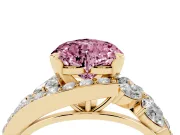 Fancy Pink Heart Cut Diamond Halo Ring Set in Yellow gold with Marquise and Pavé Band in Prong Setting