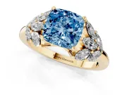 Fancy Blue Cushion Cut Diamond Cluster Leaf Design Ring Set in Yellow gold with Prong Setting