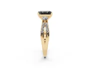 Fancy Black Emerald Cut Diamond Three-Stone Ring Set in Yellow gold with Pavé Split Shank and Prong Setting