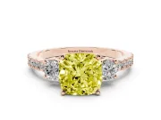 Fancy Yellow Three-Stone Cushion Cut Diamond Pavé Band Ring Set in Rose gold with Prong Setting