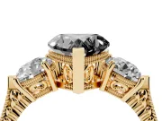 Fancy Black Heart Cut Diamond Three-Stone Ring Set in Yellow gold with Milgrain Band