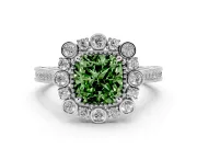 Fancy Green Cushion Cut Diamond Halo Milgrain Pavé Ring Set in Silver with Prong Setting