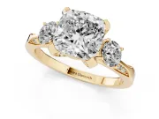 Cushion Cut Hidden Halo Three Stone Engagement Ring Setting | Pave Gallery | Yellow Gold