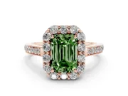 Fancy Green Emerald Cut Diamond Floral Halo Ring Set in Rose gold with Pavé Band and Prong Setting