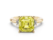 Fancy Yellow Three-Stone Asscher Cut Diamond Ring Set in Yellow gold with Prong Setting and Plain Band