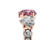 Fancy Pink Heart Cut Diamond Three-Stone Ring Set in Rose gold with Pavé Band