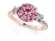 Fancy Pink Round Cut Diamond Three-Stone Ring Set in Rose gold with Pavé Band and Graduated Sides