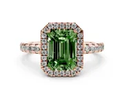 Fancy Green Emerald Cut Diamond Halo Ring Set in Rose gold with Delicate Pavé Band and Prong Setting
