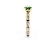 Fancy Green Cushion Cut Diamond Solitaire Ring Set in Yellow gold with Slim Pavé Band and Prong Setting