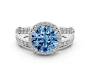 Round Halo Engagement Ring Setting for a Fancy Blue Lab-Grown Diamond | Two-Row Pave Split Shank | Sterling Silver