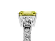 Fancy Yellow Emerald Cut Diamond Three-Stone Ring Set in Silver with Round Side Stones and Pavé Band
