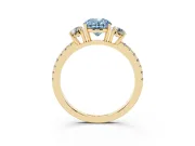 Fancy Blue Oval Cut Diamond Three-Stone Ring Set in Yellow gold with Pavé Band and Graduated Sides
