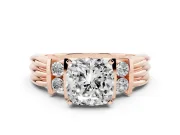 Three-Stone Cushion Cut Diamond Channel Set Ring Set in Rose gold with Bar Prongs