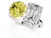 Fancy Yellow Round Cut and Emerald Cut Toi Moi Ring Set in White gold with Prong Setting