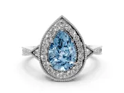 Fancy Blue Pear Cut Diamond Halo Engagement Ring Set in White gold with Milgrain Pavé Band