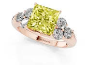 Fancy Yellow Princess Cut Diamond Cluster Ring Set in Rose gold with Round Accent Stones and Prong Setting on a Plain Band