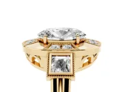 Oval Cut Diamond Milgrain Halo Ring Set in Yellow gold with Split Shank