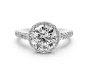 Round Cut Diamond Halo Engagement Ring Set in White gold with Pavé Band and Prong Setting