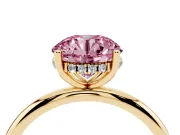 Fancy Pink Round Cut Diamond Solitaire Engagement Ring Set in Yellow gold with Prong Setting and Polished Band