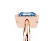 Fancy Blue Emerald Cut Diamond Halo Engagement Ring Set in Rose gold with Plain Split Shank and Prong Setting