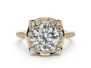 Round Petal Tip Halo Engagement Ring Setting | Single Row Pavé Band | Yellow Gold