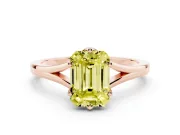 Fancy Yellow Emerald Cut Diamond Solitaire Ring Set in Rose gold with Polished Tapered Band and Prong Setting