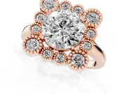 Round Vintage Milgrain Bezel Cluster Halo Engagement Ring Setting | Plain Band | Rose Gold