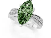 Fancy Green Marquise Cut Diamond Solitaire Ring Set in Silver with Milgrain Double Row Round Pavé Band