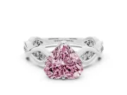 Fancy Pink Heart Cut Diamond Twist Band Solitaire Ring Set in White gold with Leaf Prong Setting and Accent Stones