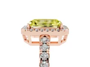 Fancy Yellow Emerald Cut Diamond Halo Ring Set in Rose gold with Delicate Pavé Band and Prong Setting