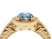 Fancy Blue Oval Cut Diamond Halo Ring Set in Yellow gold with Round Accent Halo, Pavé Band and Prong Setting