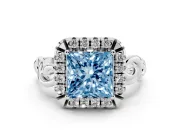 Fancy Blue Princess Cut Diamond Halo Ring Set in Platinum with Scrollwork Band and Prong Setting
