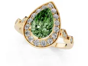 Fancy Green Pear Cut Diamond Halo Engagement Ring Set in Yellow gold with Twisted Band and Prong Setting