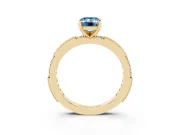 Fancy Blue Emerald Cut Diamond Solitaire Ring Set in Yellow gold with Slim Pavé Band and Prong Setting