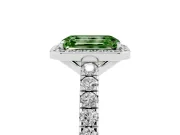 Fancy Green Emerald Cut Diamond Halo Engagement Ring Set in White gold with Pavé Band and Prong Setting