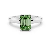 Fancy Green Emerald Cut Diamond Solitaire Ring Set in Silver with Prong Head and Smooth Polished Band