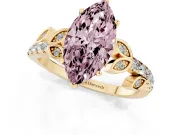 Fancy Pink Marquise Cut Diamond Solitaire Leaf-Inspired Ring Set in Yellow gold with Pavé Band and Prong Setting