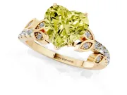 Fancy Yellow Heart Cut Diamond Solitaire Leaf-Inspired Ring Set in Yellow gold with Pavé Band and Prong Setting