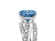 Fancy Blue Radiant Cut Diamond Solitaire Twist Band Ring Set in Platinum with Pavé Setting and Prong Head