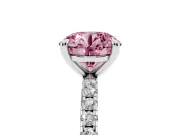 Fancy Pink Round Cut Diamond Brilliant Solitaire Ring Set in White gold with Pavé Band and Prong Setting